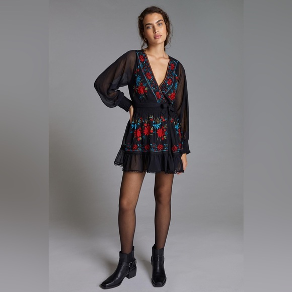 Anthropologie Not So Serious by Pallavi Mohan Embroidered Mini Wrap Dress NWT - Picture 1 of 10